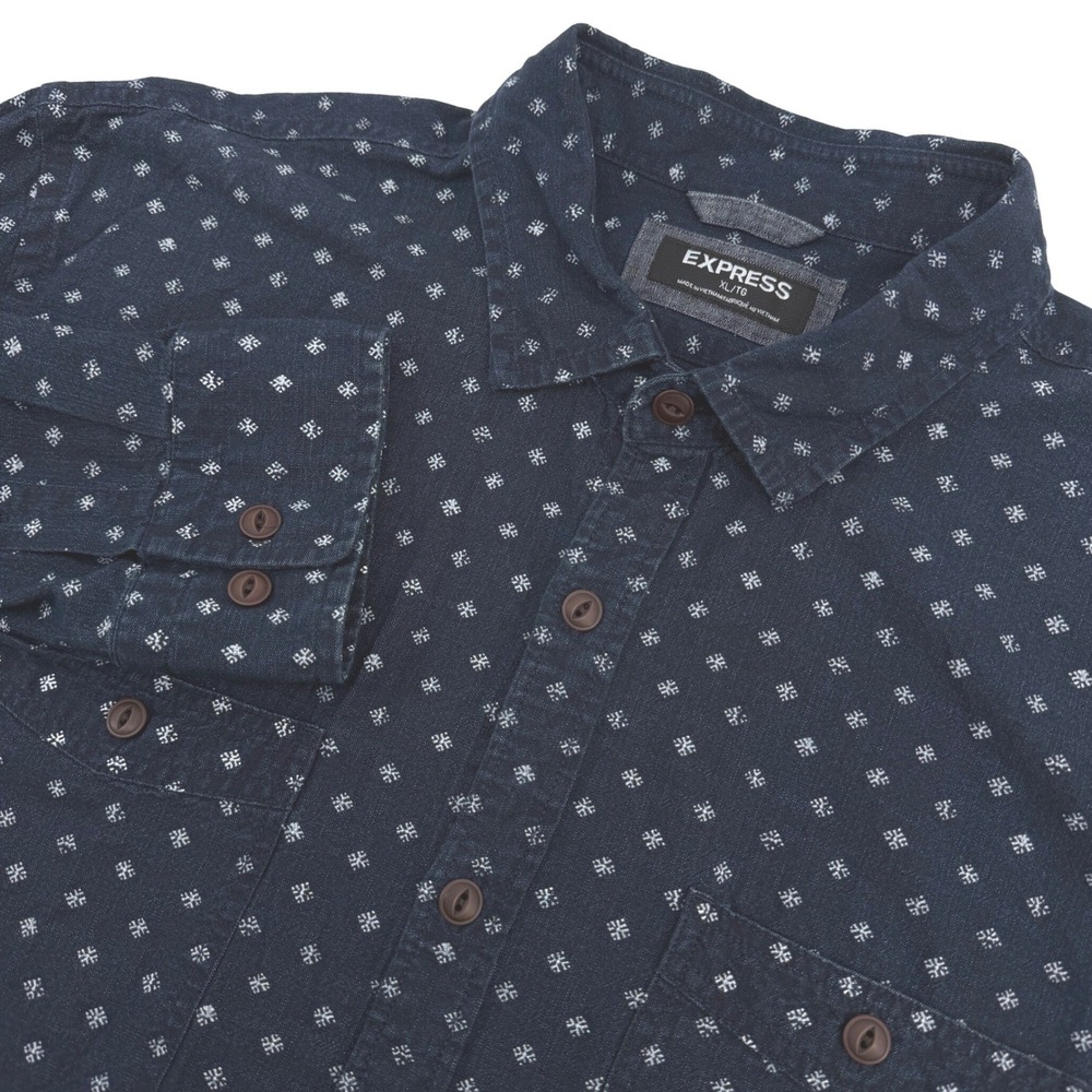 Express Shirt Mens XL Blue Geometric Long Sleeve Cotton Casual Modern Preppy